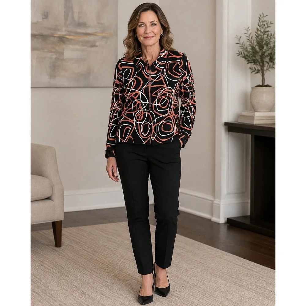 Ming Wang Cardigan Jacket Black Coral White Abstract Swirl Full Zip Knit XL